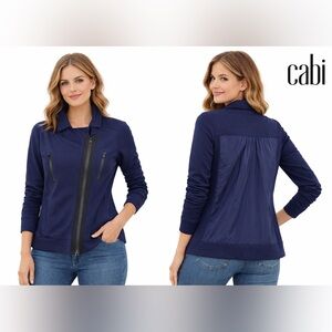 Cabi Navy Moto Zip Jacket Size Medium Rayon Blend Cropped Zip Front Jacket